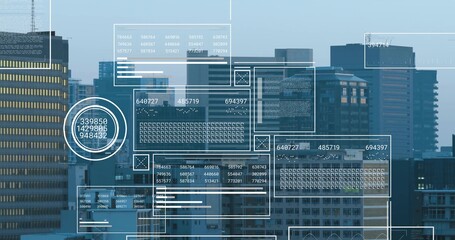 Displaying translucent digital UI overlays over corporate skyline at business district, with charts