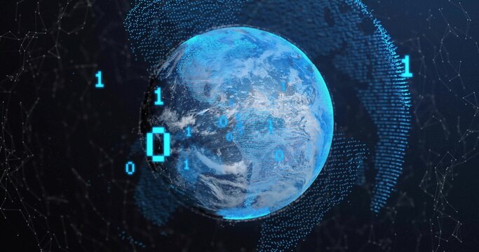 Naklejki Floating digital Earth globe sending binary digits in virtual space, with glowing nodes and lines