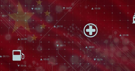 Naklejka premium Showing Chinese flag stars on infographic with gas pump and medical cross, timestamps, copy space