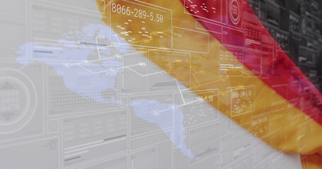 Naklejka premium German flag draping diagonally over holographic map in data center, with server racks, data panels