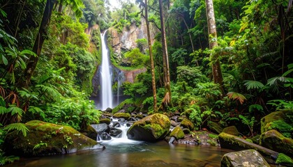 Tropical Birds Flying near Jungle Waterfall with Lush Greenery Backdrop in Daylight