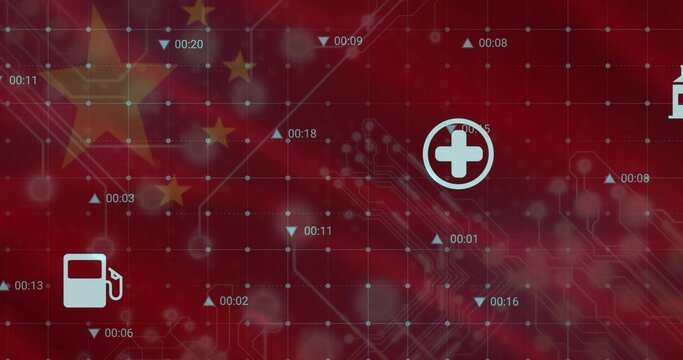 Naklejki Showing Chinese flag stars on infographic with gas pump and medical cross, timestamps, copy space