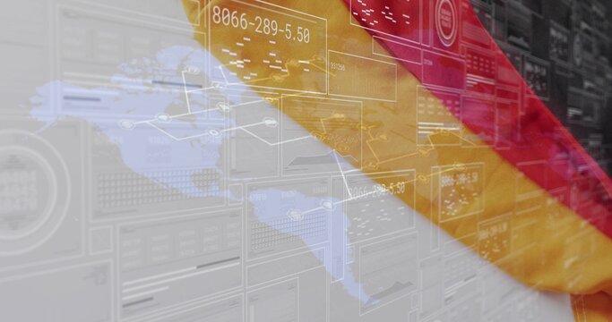Naklejki German flag draping diagonally over holographic map in data center, with server racks, data panels