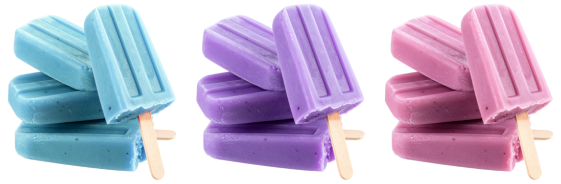 group of stack of four purple popsicles in three color isolated on white background
