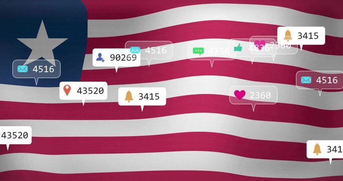 Naklejki Floating notifications hovering over rippling stars-and-stripes flag, with envelopes bells pins