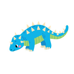 Cute blue dinosaur with spikes. Prehistoric reptile character for kids. Vector illustration isolated on white background.