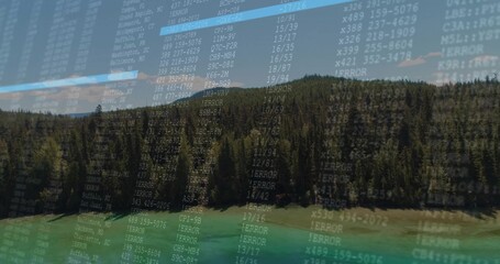 Fototapeta premium Terminal overlay displaying codes and 'ERROR' entries over turquoise lake and pine hills, glitch