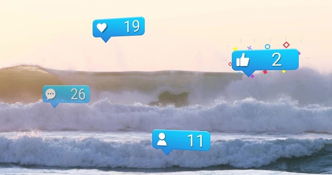 Fototapeta Riding surfer wearing wetsuit on board carving wave in open sea at sunrise, with notification icons