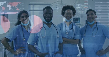 Standing medical team wearing blue scrubs and stethoscopes in operating room, with data overlays