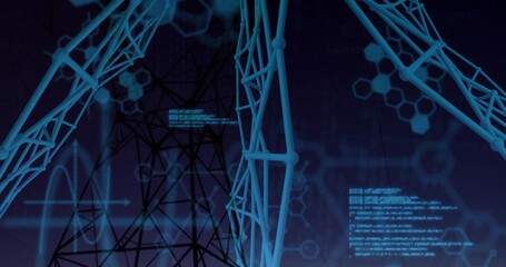 Floating blue lattice nodes in digital grid, with power tower silhouette and hexagonal mesh pattern