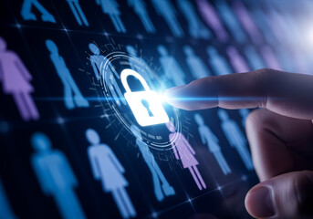 A finger touches a glowing padlock icon superimposed over a grid of stylized human figures, symbolizing data security and privacy.