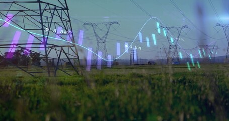Showing steel lattice tower carrying power lines across rural field, with floating bar charts