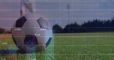 Resting soccer ball on grass pitch at stadium floodlight pole, with line graphs overlay, copy space