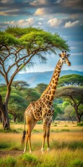 Obraz premium Majestic giraffe walking through acacia tree forest