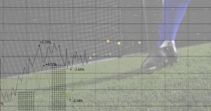 Blue uniformed player kicking ball by goal net under lights, with data overlays, copy space