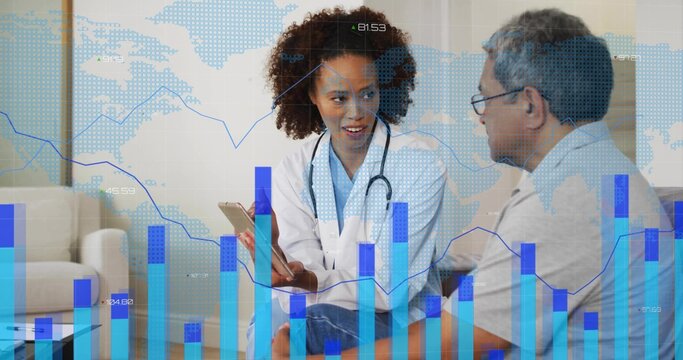 Explaining health data doctor with stethoscope holding tablet in clinic with digital graph overlays