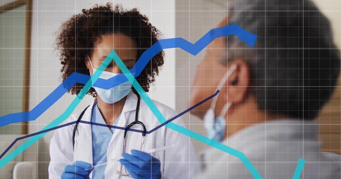 Clinician collecting nasal swab in clinic room with stethoscope gloves masks and data overlay