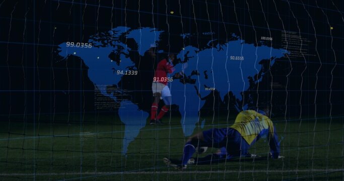 Red-jersey forward shooting soccer ball towards goal on pitch at night, with world map grid overlay