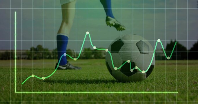 Trapping soccer ball with athlete's legs in cleats on grass pitch, with grid overlay and line-graph