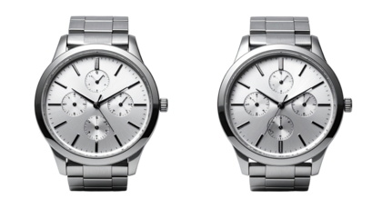 Two identical silver wristwatches