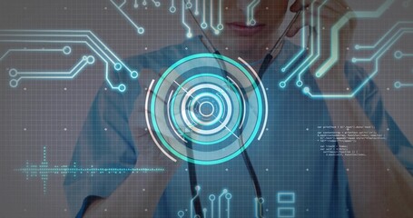 Standing doctor placing stethoscope at ears in lab, with grid interface and neon cyan circuits