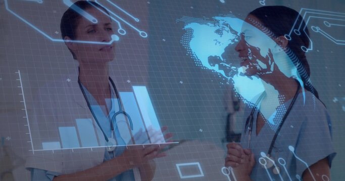 Standing staff wearing scrubs showing global data overlay in corridor, with stethoscopes