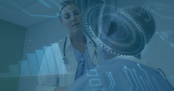 Reviewing doctor examining holographic charts with seated patient in gown and stethoscope in clinic