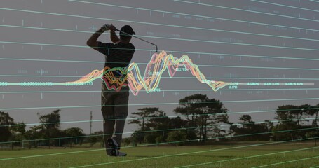 Male golfer wearing cap swinging golf club in fairway, with golf ball on tee, data overlay