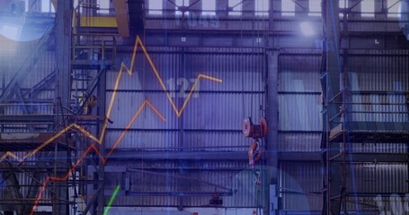 Featuring orange overhead crane hook-pulley moving across rail in warehouse, with chart overlay