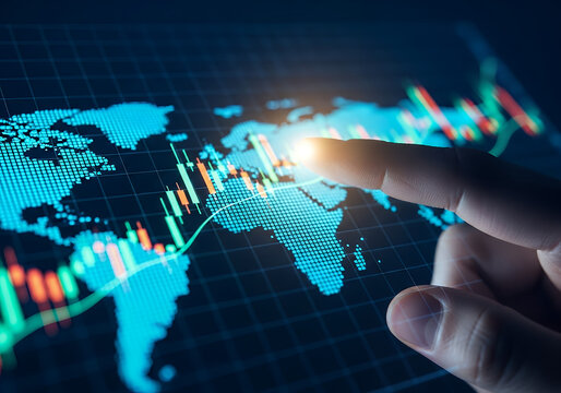 Close-up of a hand pointing at a world map with financial data overlay, representing global business.