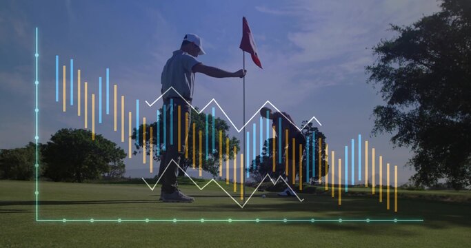 Male golfer aligning putt on putting green with partner holding red flagstick, graph overlay - Powered by Adobe