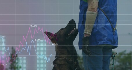 Training German Shepherd sitting in grassy field with trainer wearing bite sleeve, with line graph