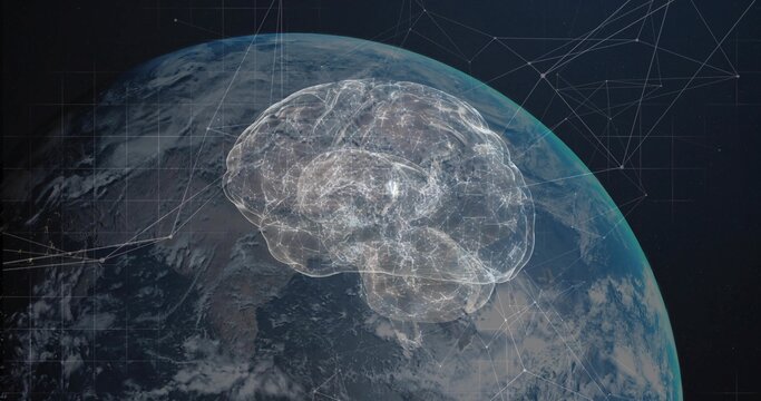 Naklejki Showing lit neural network brain graphic expanding over Earth in low orbit, with linked grid nodes