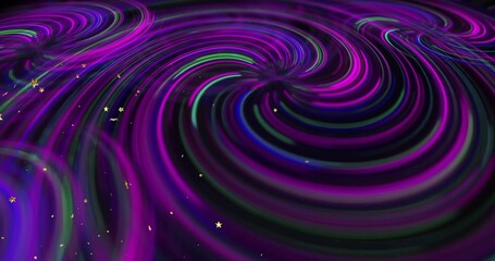 Obraz premium Swirling neon purple-green-blue vortex patterns in abstract digital space, with metallic gold stars