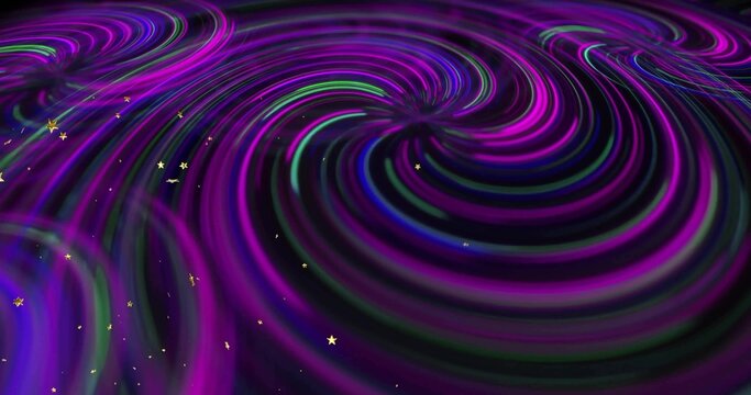 Naklejki Swirling neon purple-green-blue vortex patterns in abstract digital space, with metallic gold stars