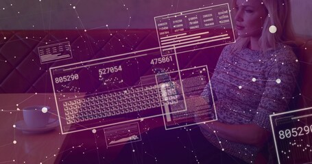 Working sweater-clad woman holding tablet at cafe table with coffee cup, data overlays, copy space