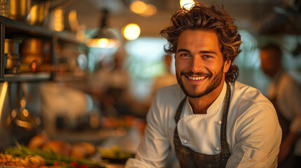 Fototapeta premium Personal chef teaching a cooking class in a client's kitchen, smiling with guests observing, natural kitchen setting with warm tones