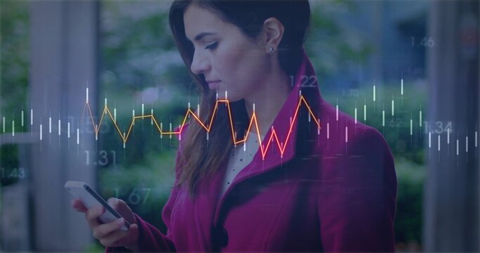 Businesswoman wearing fuchsia coat holding smartphone near columns, with stock chart overlay - Powered by Adobe