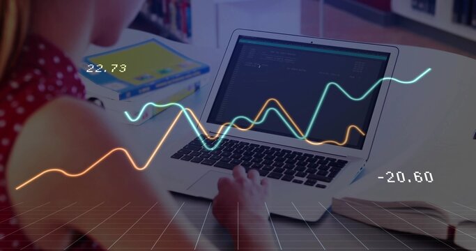 Typing red-polka-dot-top girl coding on laptop at study desk, with books, data overlays, copy space