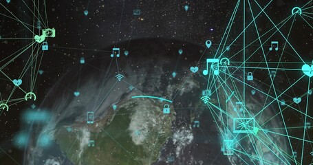 Displaying partial Earth globe in orbital space, linking padlock and Wi-Fi icons with network lines
