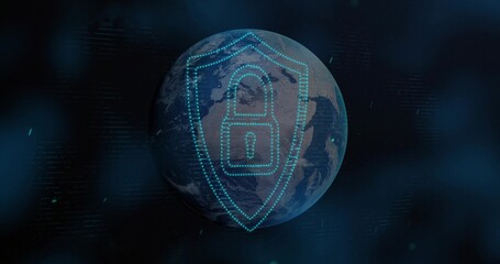Floating Earth with cyan shield and padlock icon, drifting code and particles in cyberspace