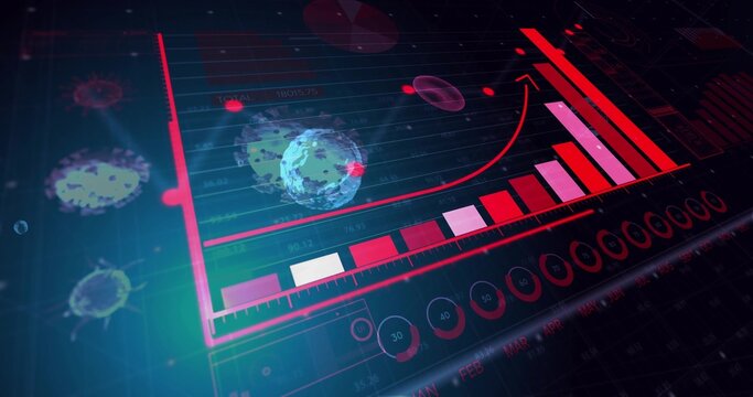 Displaying dashboard with bar, line and gauge charts, month labels and virus models on dark panel - Powered by Adobe
