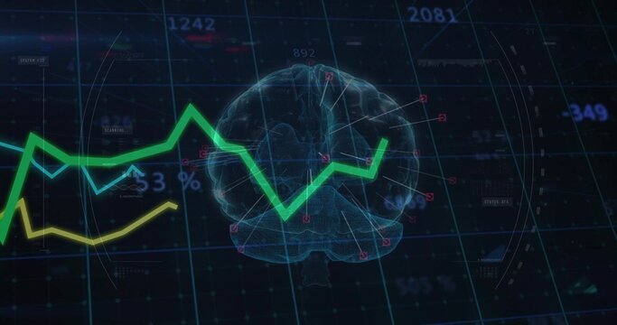 Floating clear 3D wireframe brain in digital grid, with colored trend lines and numeric labels - Powered by Adobe