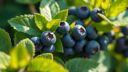 Close-up of lush blueberry leaves glowing in morning light with a clean botanical backdrop.