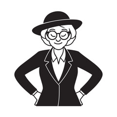 Old woman in formal clothes black and white vector illustration simple minimalist portrait design