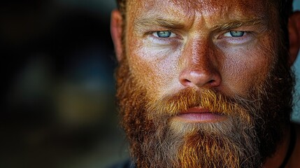 Close-up portrait of redhead man with intense gaze, outdoors