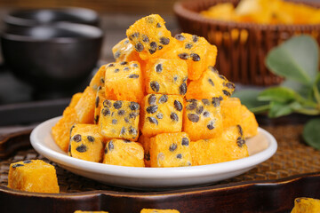Freeze-Dried Passion Fruit Cubes with Seeds on Plate - Instant Tea and Healthy Snack Ingredient