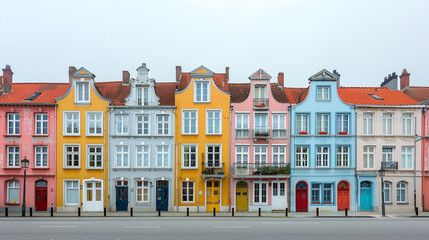 Fototapeta premium Row of European-style pastel townhouses under soft overcast daylight, with symmetrical facades and wide sky space creating a calm urban scene