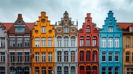 Fototapeta premium Row of European-style pastel townhouses under soft overcast daylight, with symmetrical facades and wide sky space creating a calm urban scene