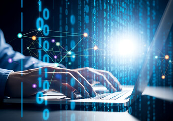 Hands typing on a laptop with a digital stream of binary code and network connections overlayed.